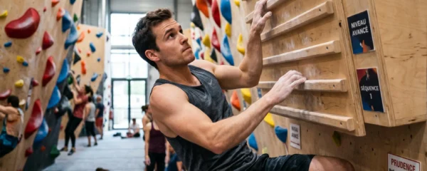 Grimpeur s'entraînant sur Pan Güllich dans une salle d'escalade moderne avec blocs colorés