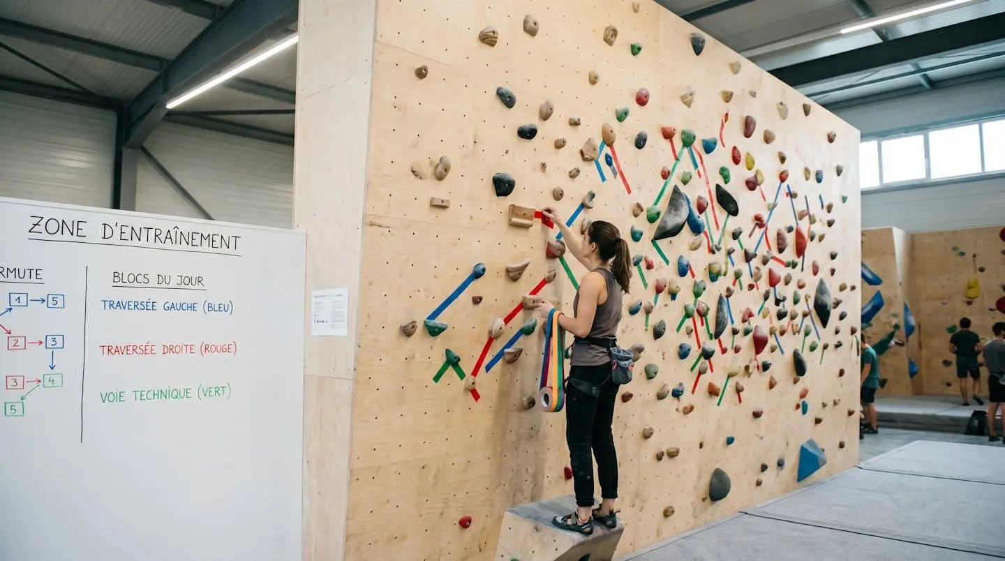 Spray wall d'entraînement avec marqueurs colorés pour circuits personnalisés dans salle d'escalade